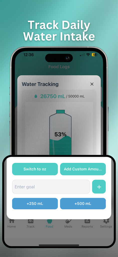 Poop Tracker - FlareCare AI - Una pantalla de teléfono inteligente que muestra la función de seguimiento de la ingesta de agua en la aplicación FlareCare AI con una botella de progreso y botones de ajuste de volumen