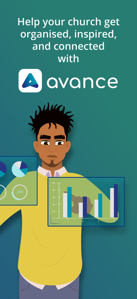 Avance - An illustration of a man interacting with digital data charts on the Avance church app