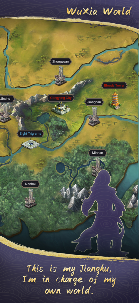 WuXia World - An artistic world map of Jianghu in the WuXia World mobile game showing various locations.