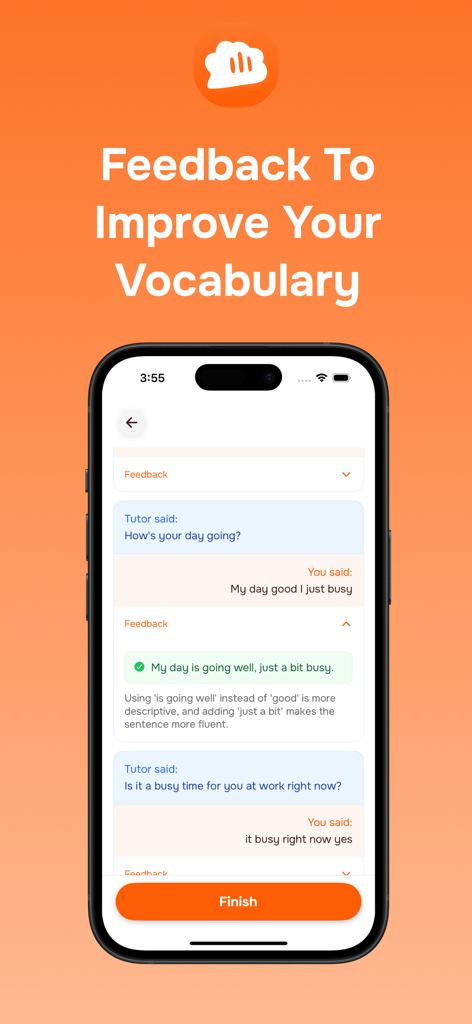 Interfaccia dell'app Versa che fornisce feedback in tempo reale per migliorare il vocabolario e la fluidità dell'inglese