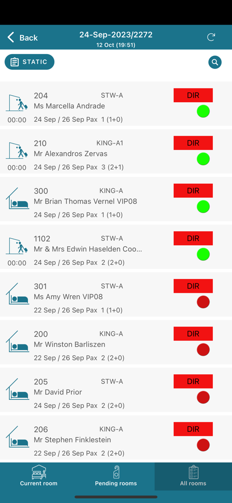 KNOW HK app interface showing a list of hotel rooms with guest names and housekeeping status
