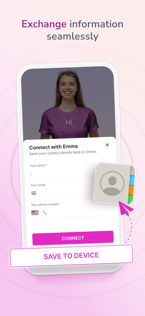 Une interface mobile montrant le formulaire d'échange de contacts HiHello pour partager les informations de carte de visite numérique.