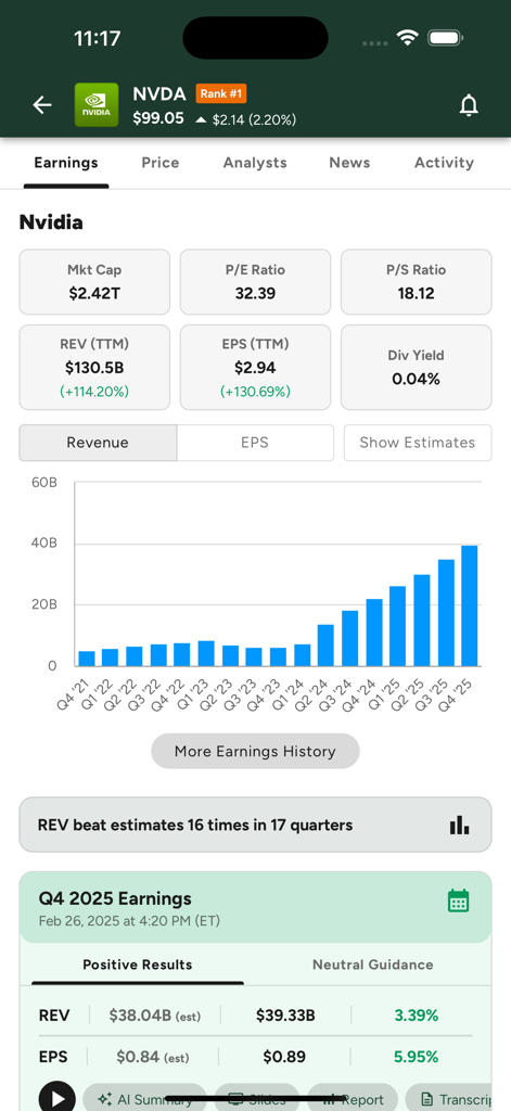 Capture d'écran de l'application mobile montrant les données financières de l'action Nvidia, y compris les indicateurs de publication et un graphique de croissance du chiffre d'affaires