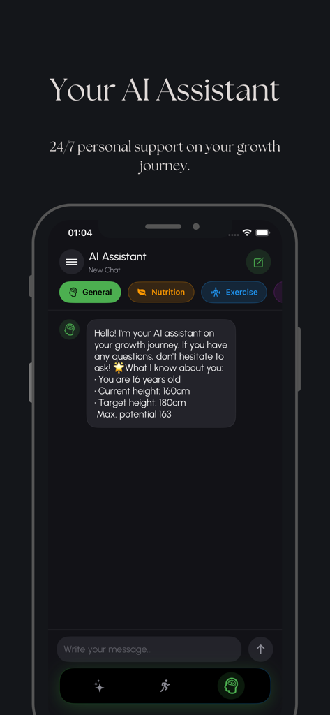 Longer - Height & Posture - Interface of the Longer app AI assistant providing personalized height growth coaching