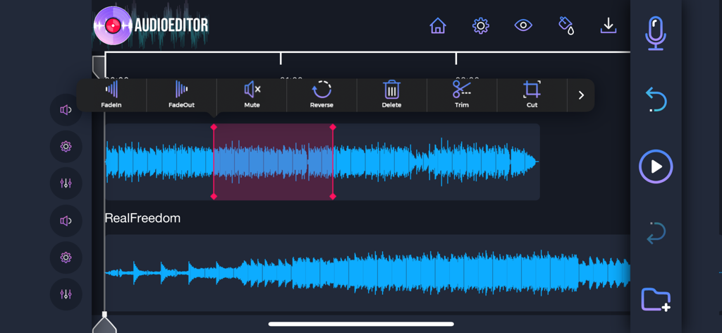 Audio Editor: Recording Studio - Interface de edição de áudio multi-trilha com formas de onda e ferramentas para cortar, aparar e adicionar efeitos.