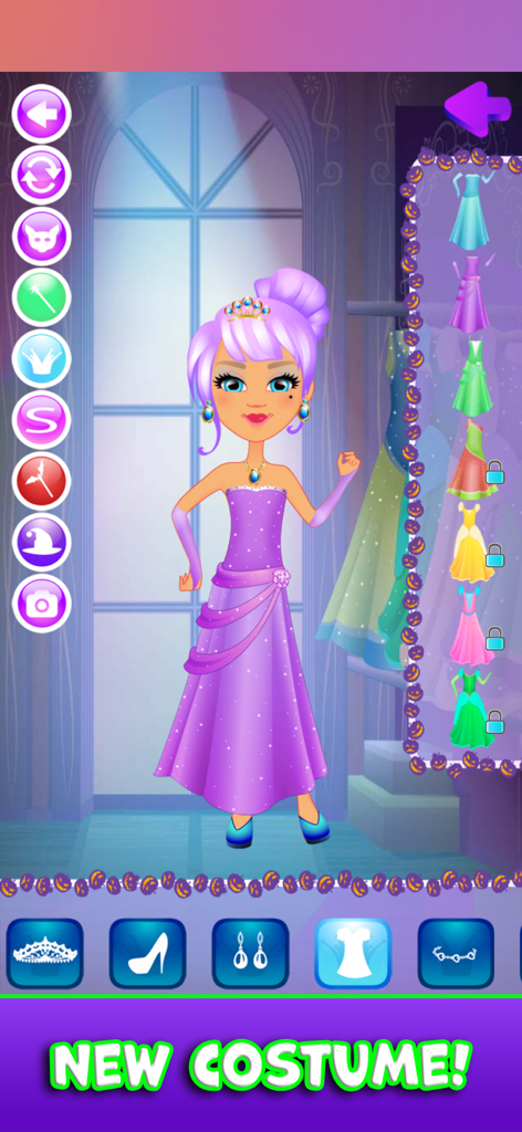 Halloween Costume Party Games - A character customization screen in a Halloween dress up game showing a girl in a purple gown and crown