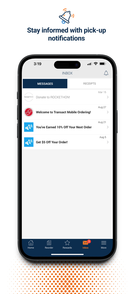 Der Posteingangsbildschirm der Transact Mobile Ordering App mit einer Liste von Abholbenachrichtigungen und Prämienmeldungen