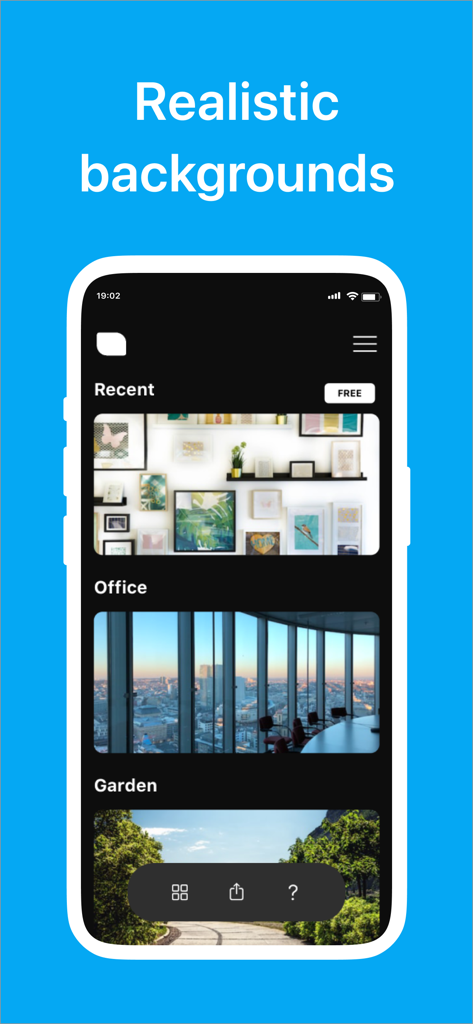 オフィスと庭の会議背景が表示されたバーチャル背景アプリのインターフェース。