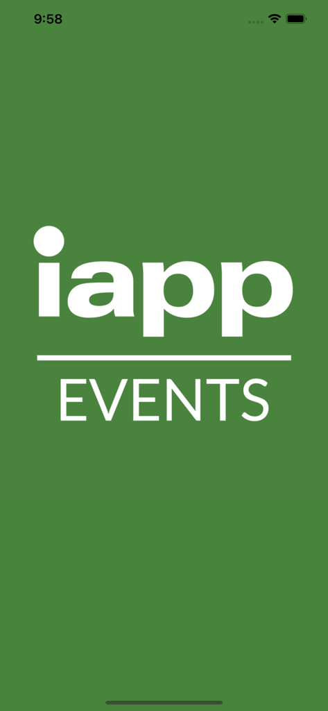 IAPP Events - La pantalla de inicio de la aplicación móvil Eventos IAPP con un logo blanco sobre un fondo verde.