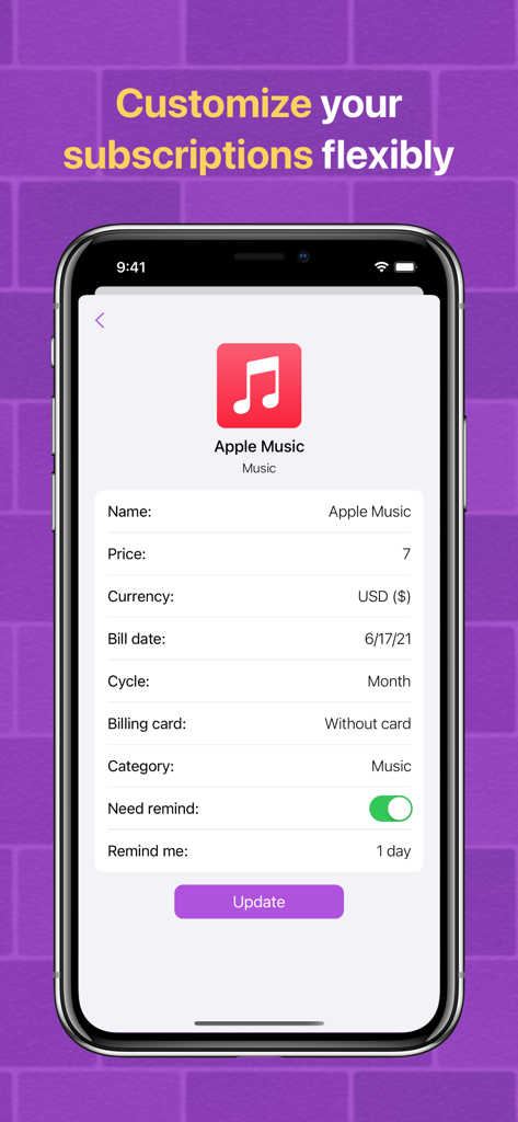 Screen showing customization of an Apple Music subscription in the Suber app including price and bill date