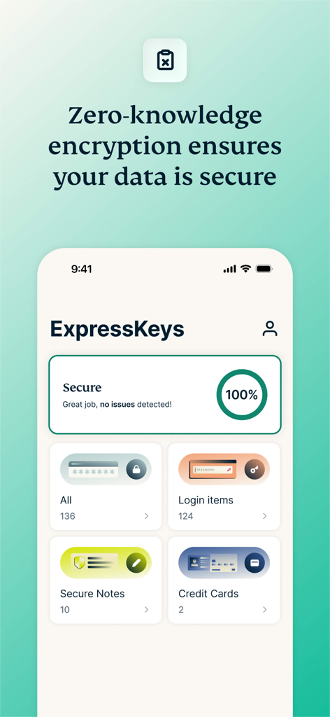 ExpressKeys: Password Manager - ExpressKeysパスワードマネージャーのダッシュボード。保護されたログインアイテム、ノート、クレジットカードが表示され、セキュリティヘルススコアは100パーセントです。