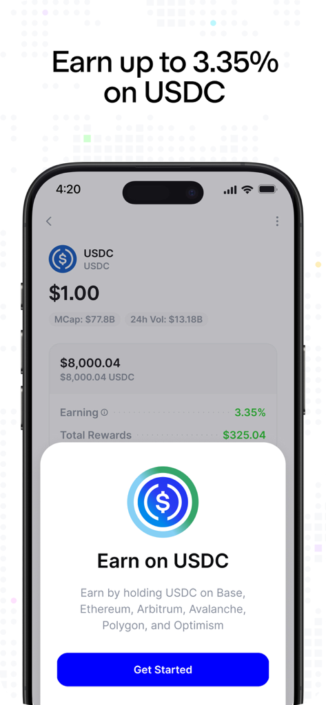 Base: Formerly Coinbase Wallet - Un écran mobile de l'application Base montrant un gain jusqu'à 3,35 % de récompense sur les avoirs en stablecoin USDC