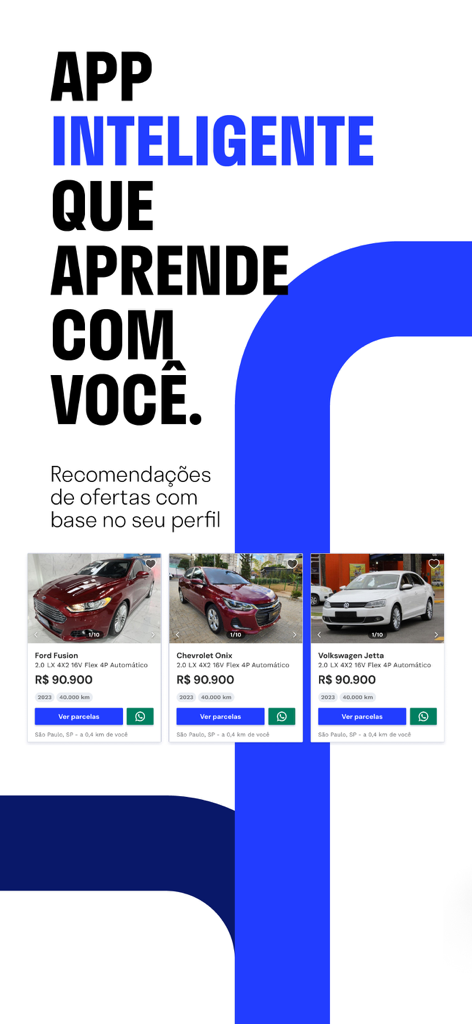 NaPista: comprar carros - Interface do aplicativo NaPista mostrando recomendações e ofertas de carros personalizadas com base no perfil do usuário.