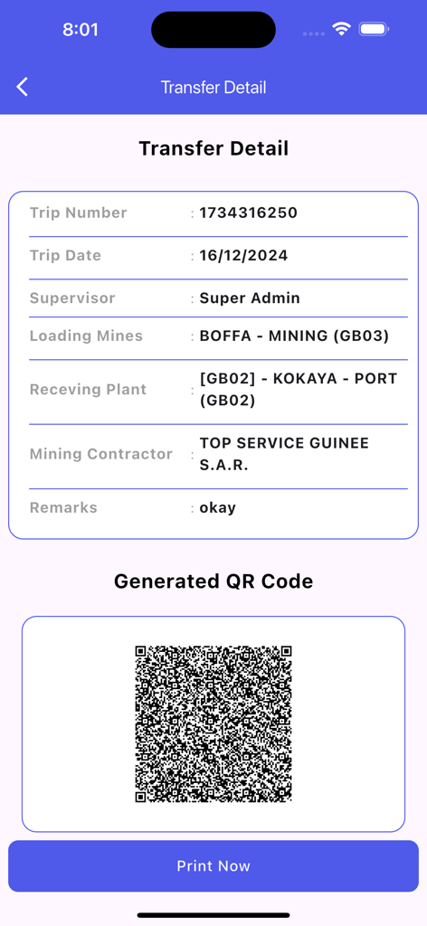 Terra Track - Pantalla de la aplicación móvil Terra Track mostrando detalles de transferencia de logística y un código QR generado con un botón de impresión