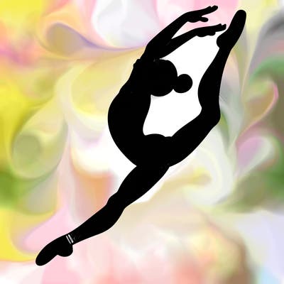 gymnast doing a leap in a leotard with a bent back leg