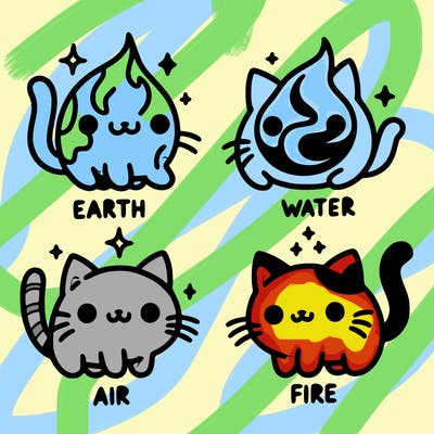 4 cats that represent the different elements, earth, water, air, and fire
