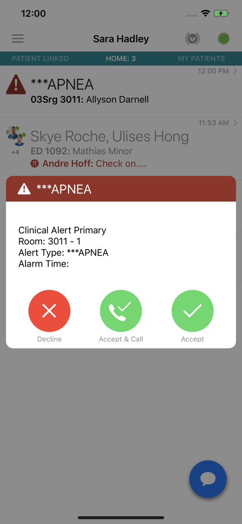 Vocera Vina app screen showing a clinical apnea alert popup with buttons to decline, accept and call, or accept