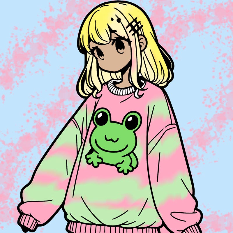 girl wearing frogging sweatshirt