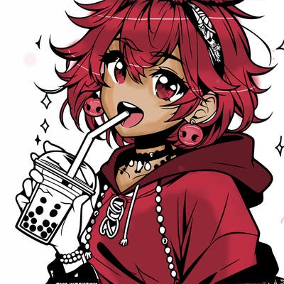 hot baddie anime girl drinking boba and biting the straw
