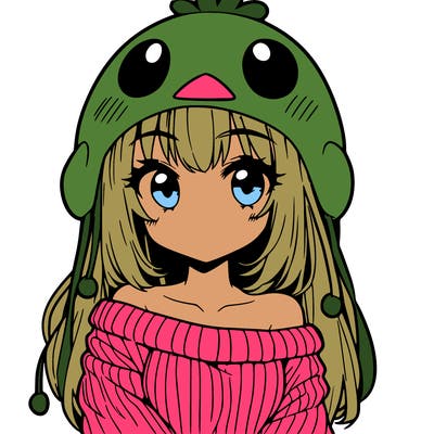 anime girl with chick shaped hat with sweater with bare shoulders with bangs covering them one eye with low tail