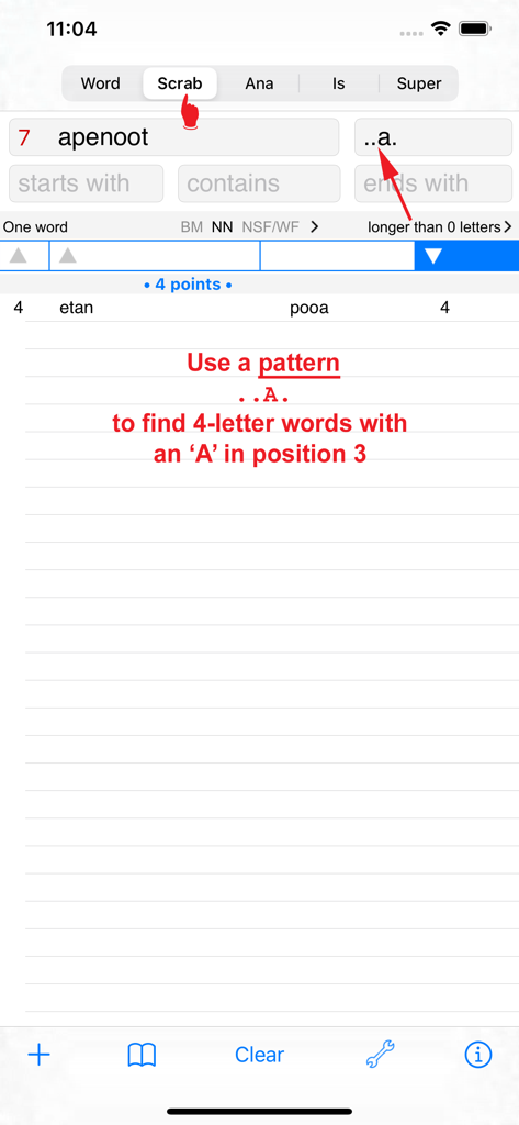 NO Words Finder PRO/Norwegian - Screenshot dell'app Norwegian Words Finder PRO che mostra un modello di ricerca Scrabble per parole di quattro lettere con la lettera A in terza posizione