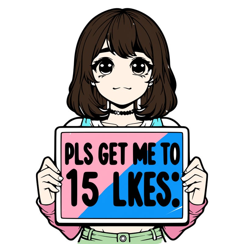 realistic girl holding up a sign that says “pls get me to 15 likes!”