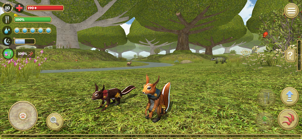 Squirrel Simulator 2 : Online - Dois esquilos com skins e acessórios únicos em pé em uma floresta verde exuberante no Squirrel Simulator 2 Online