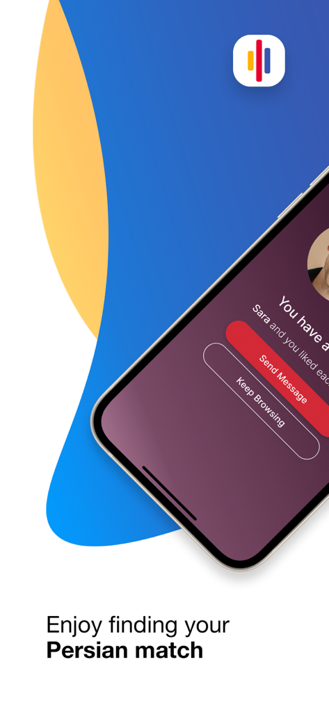 Persian Club - Smartphone displaying a match notification on the Persian Club app with the slogan Enjoy finding your Persian match