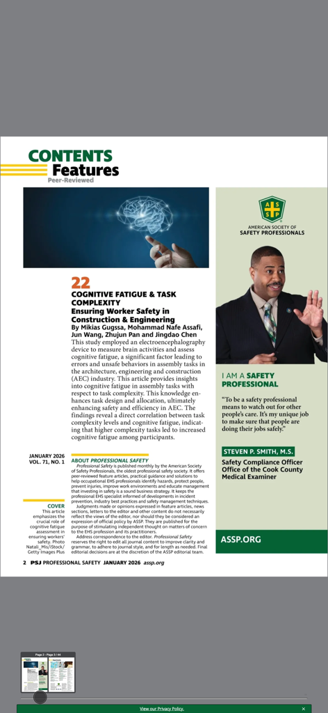 A page from the ASSP Professional Safety journal app featuring a peer-reviewed article on cognitive fatigue and worker safety.