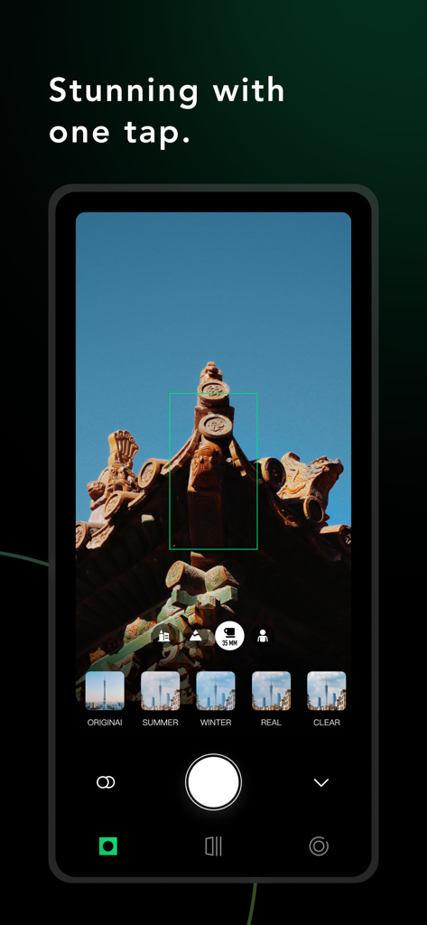 A smartphone screen showing the WeCamera app interface with a selection of photography filters and the text Stunning with one tap