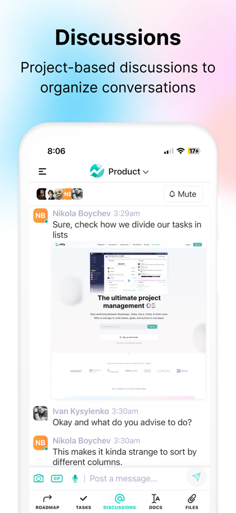Nifty: Manage Projects & Tasks - Nifty app interface displaying project-based discussions and team chat conversations