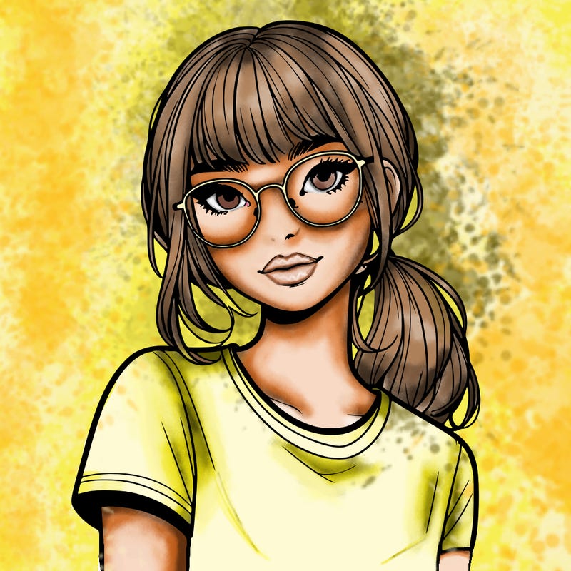 realistic girl with freckles and clear glasses