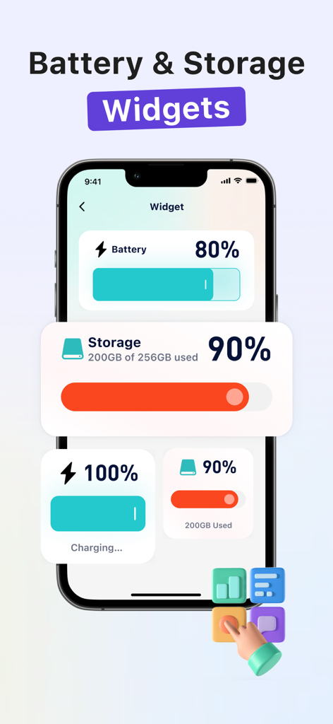 DocClear:clean my phone - Pantalla del iPhone con widgets de porcentaje de batería y uso de almacenamiento de la aplicación DocClear