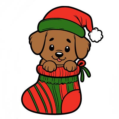 cute puppy wearing santa hat in socking