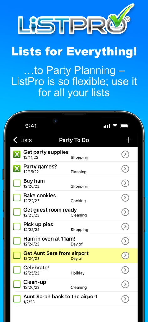ListPro - ListPro mobile app interface showing a detailed party planning to-do list with dates and categories.