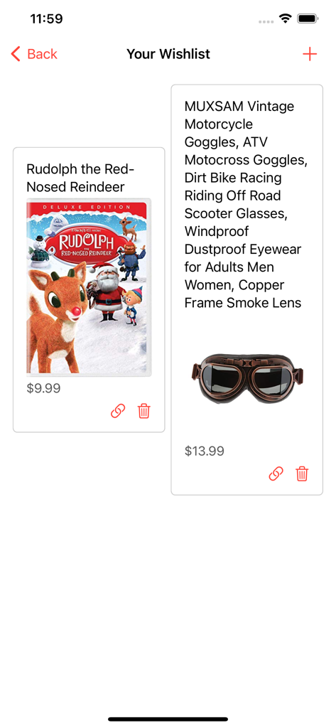 A mobile app screen showing a users wishlist with items like a Rudolph movie and vintage motorcycle goggles for a Secret Santa gift exchange