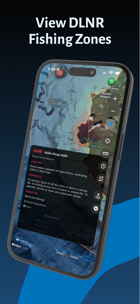 Hawaii Ocean Map - Hawaii Ocean Map app displaying DLNR fishing restriction zones and regulations on a high-resolution marine map.