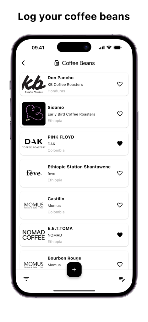 Timer.Coffee - Una captura de pantalla de la función de registro de granos de café en la aplicación Timer.Coffee que muestra una lista de diferentes variedades de granos de café y tostadores.