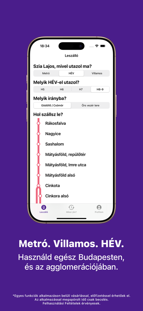 Leszálló: Get there faster - Leszallo app interface displaying the station list for the H8 and H9 suburban railway lines in Budapest