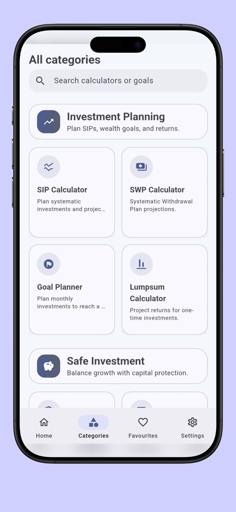 Loan EMI & Interest Calculator - Pantalla de aplicación móvil que muestra varias categorías de planificación de inversiones, incluyendo calculadoras SIP SWP y Planificador de Metas
