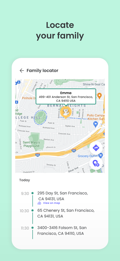 Captura de pantalla de la función de localizador familiar en la App Qustodio para Niños que muestra la ubicación de un niño en un mapa y su historial de ubicaciones diarias.