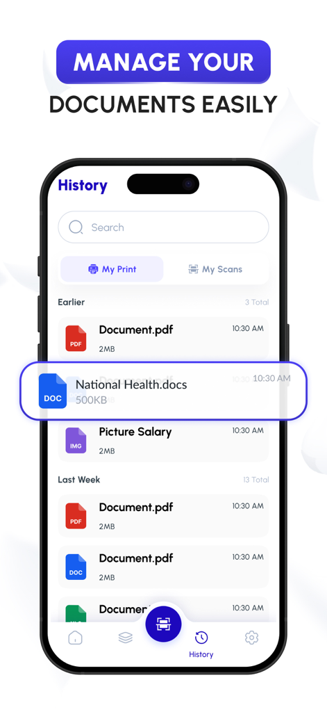 Pantalla de la aplicación iPrint mostrando el historial de documentos impresos y escaneados
