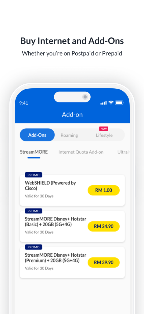 Celcom Life - Celcom Lifeアプリの画面。インターネットアドオンとストリーミングパスの購入用