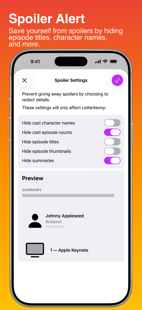 Callsheet: Find Cast & Crew - Callsheet mobile app spoiler settings screen with toggles to hide cast names and episode counts