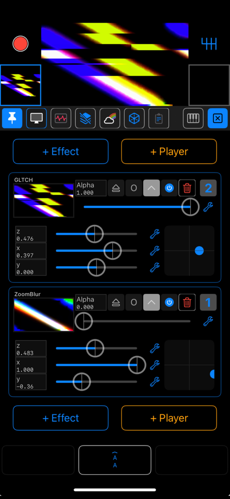 100VJ - Interface of 100VJ mobile app showing glitch and zoom blur effect controls with a live video preview