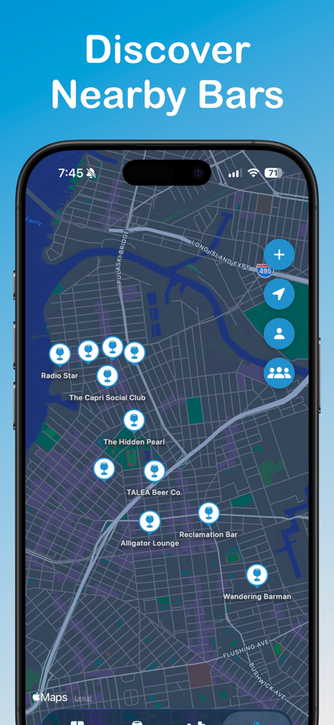 Un'interfaccia di mappa all'interno dell'app DrinkSmith che mostra la posizione di vari bar e lounge cocktail locali.