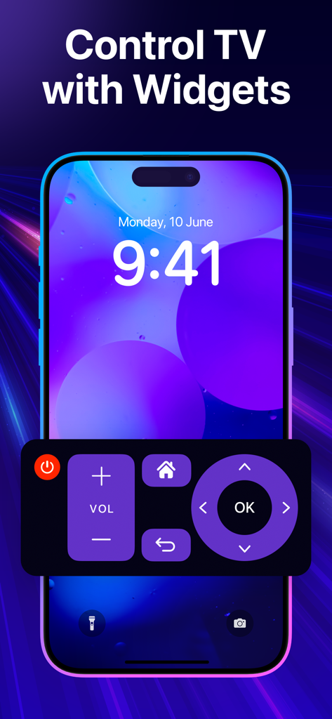 볼륨 및 탐색 버튼이 있는 통합 TV 리모컨 위젯을 표시하는 스마트폰 잠금 화면