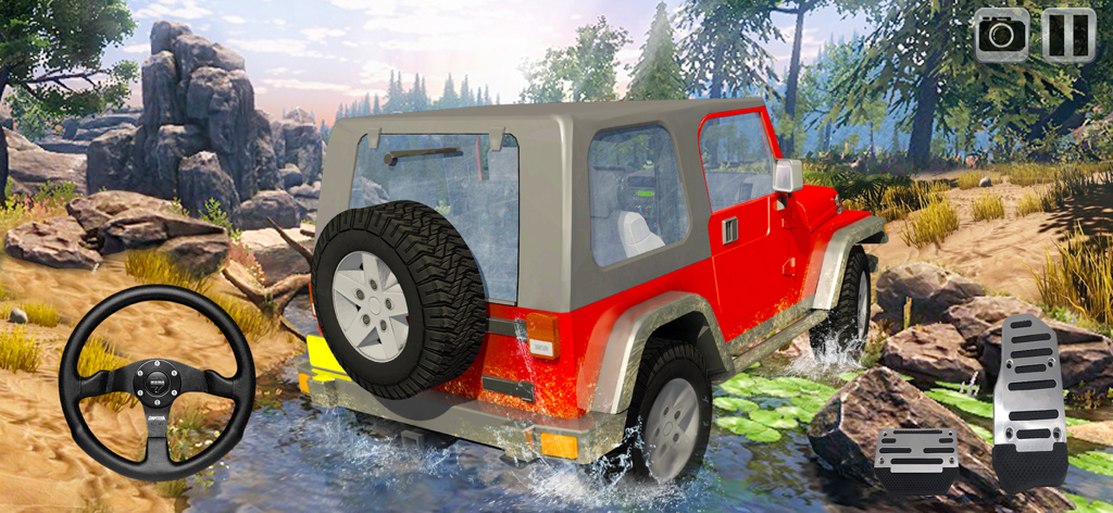 Offroad 4x4 Car Simulator 2023 - A red off-road jeep driving through a rocky river in a forest environment with gameplay controls