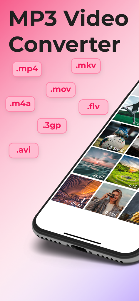 MP3 Converter Video to Mp3 - MP3 동영상 변환기 앱의 인터페이스로 MP4 및 MKV와 같은 지원되는 동영상 형식을 보여줍니다.