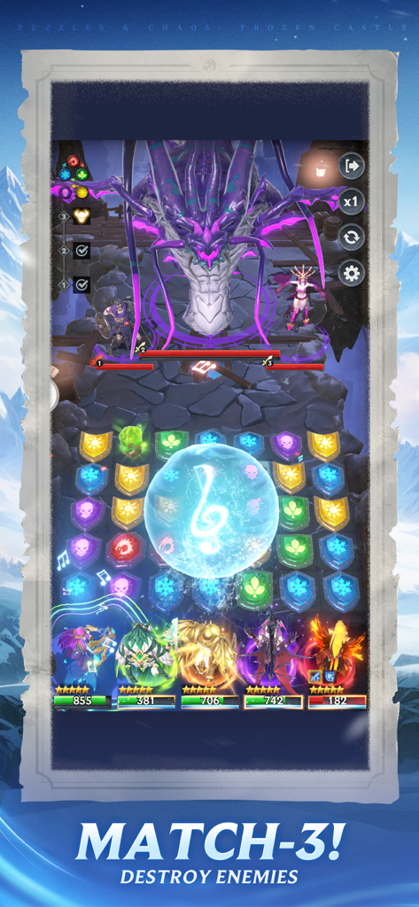 Match-3 puzzle gameplay featuring fantasy heroes and a large purple dragon boss